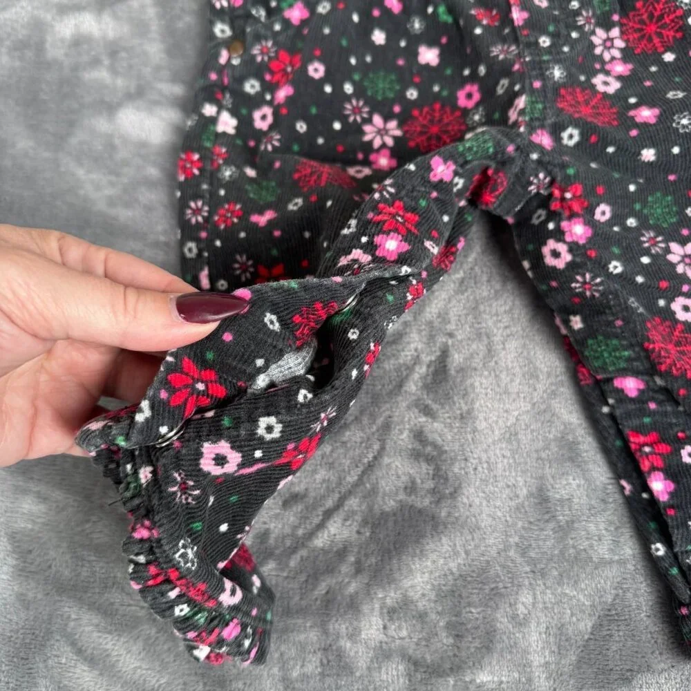OshKosh B'gosh Baby Girl Size 9 Months Corduroy Overalls Floral Red 100% Cotton